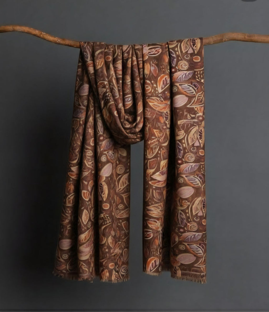 Digital Printed Brown Muslin Silk with Highlighted Golden Dots