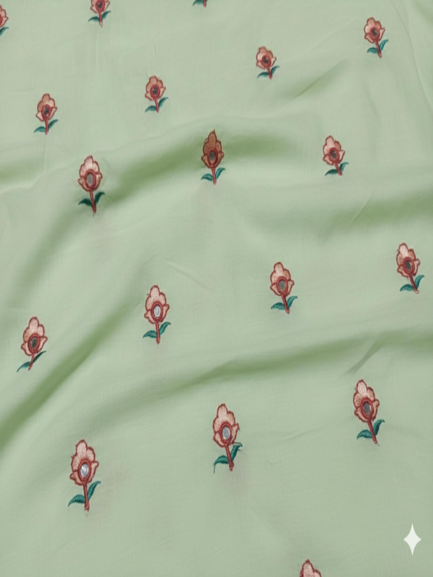 Pista Green Mul cotton Embroidered with threads and Faux Mirror Motifs