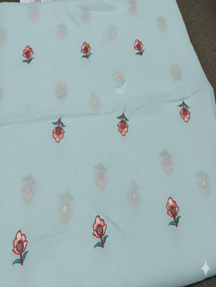 Sky Blue Mul cotton Embroidered with threads and Faux Mirror Motifs