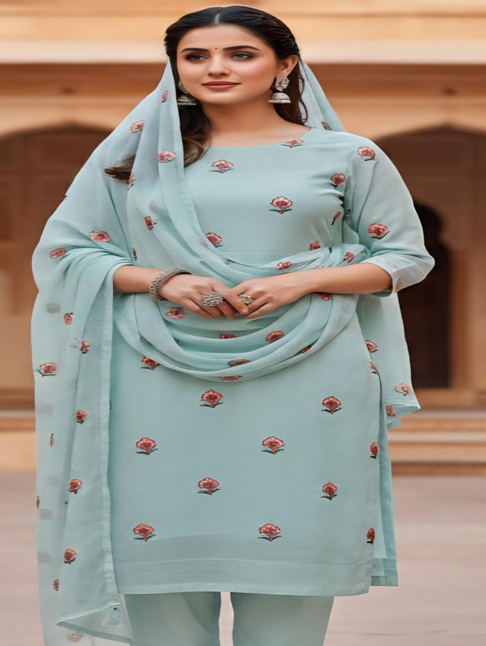 Sky Blue Mul cotton Embroidered with threads and Faux Mirror Motifs