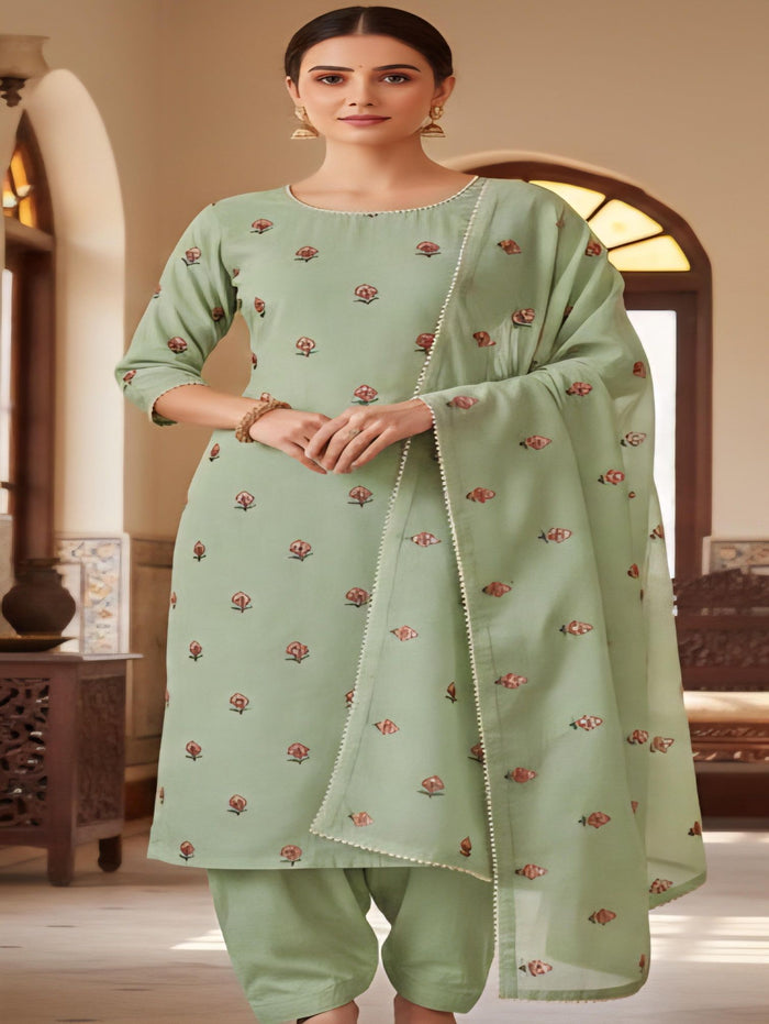 Pista Green Mul cotton Embroidered with threads and Faux Mirror Motifs