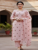Light Pink Mul cotton Embroidered with threads and Faux Mirror Motifs