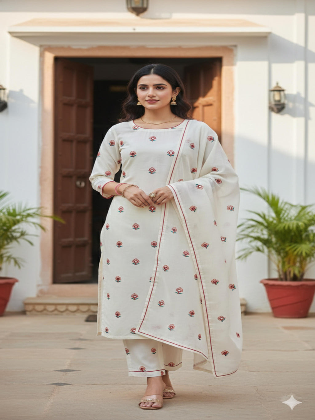 Off White Floral Mirror and Thread Work Embroidered Mul cotton Fabric