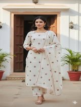 Off White Floral Mirror and Thread Work Embroidered Mul cotton Fabric