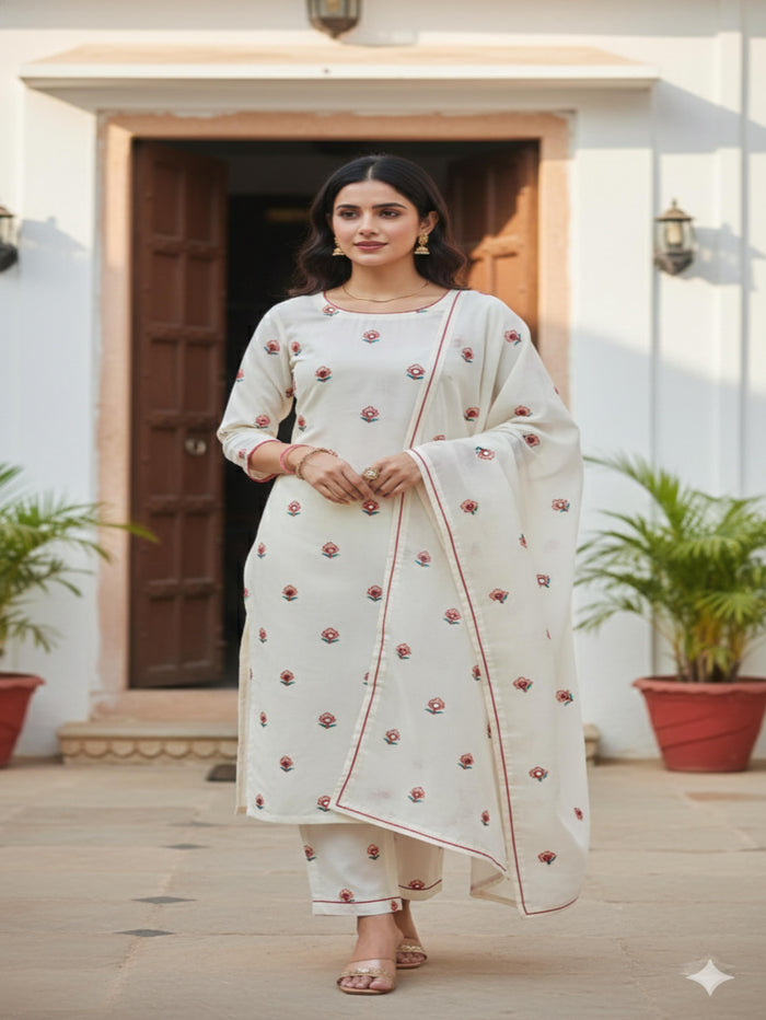Off White Floral Mirror and Thread Work Embroidered Mul cotton Fabric