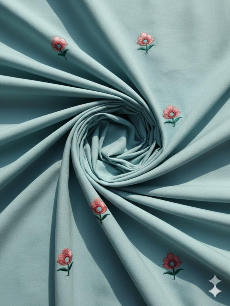 Sky Blue Mul cotton Embroidered with threads and Faux Mirror Motifs