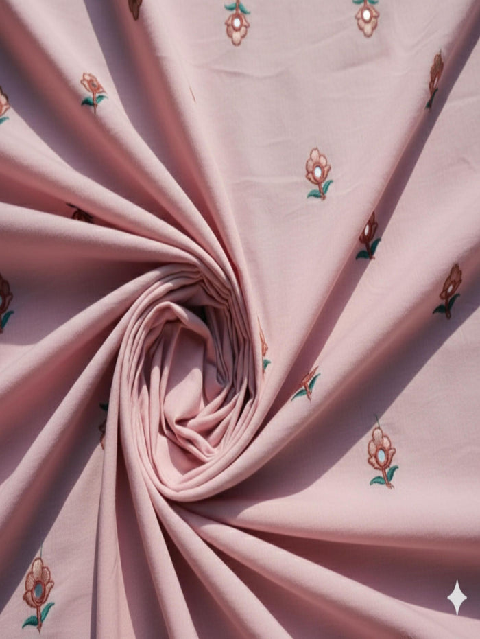 Light Pink Mul cotton Embroidered with threads and Faux Mirror Motifs