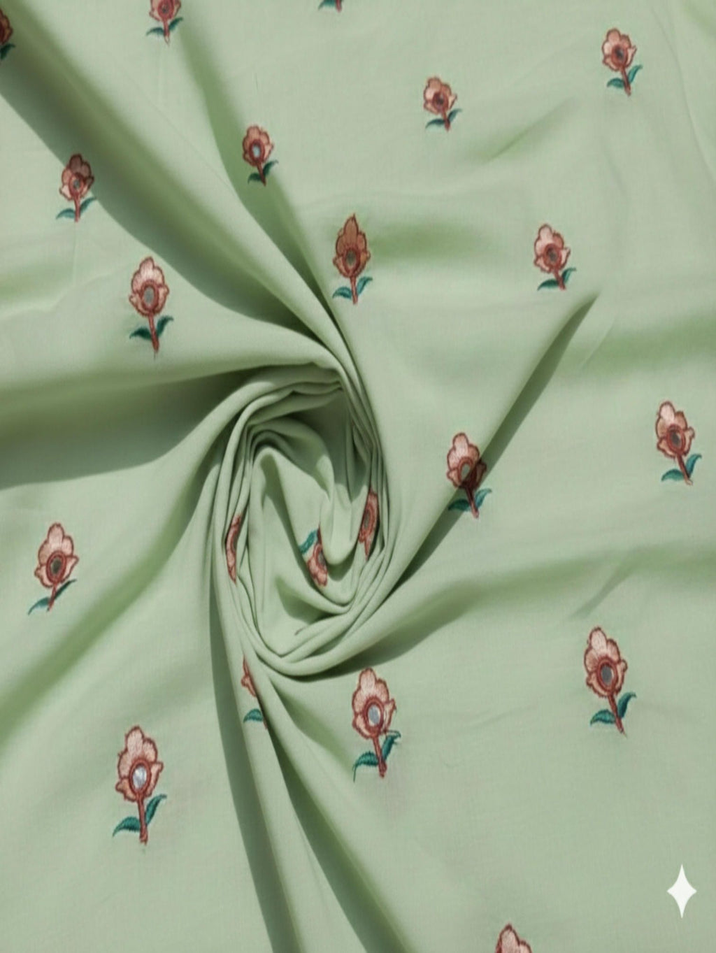 Pista Green Mul cotton Embroidered with threads and Faux Mirror Motifs