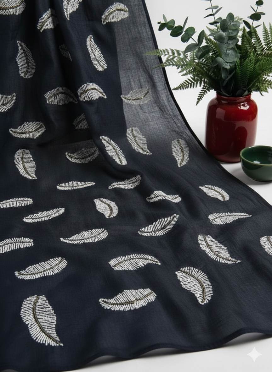 Dark Nevi Blue chanderi Fabric with White Leaf & Golden Sequence Motif Embroidery