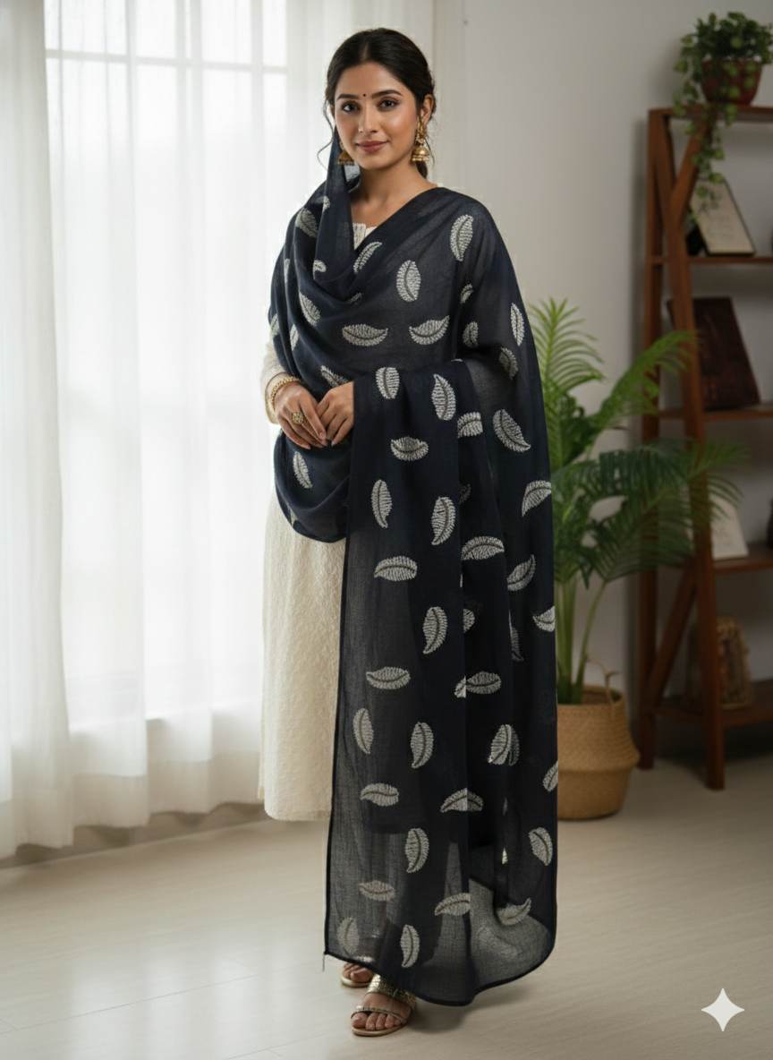 Dark Nevi Blue chanderi Fabric with White Leaf & Golden Sequence Motif Embroidery