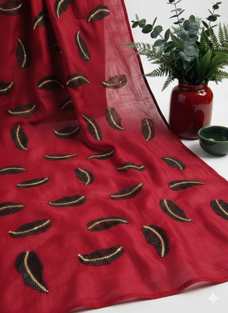 Red chanderi Fabric with Black Leaf & Golden Sequence Motif Embroidery