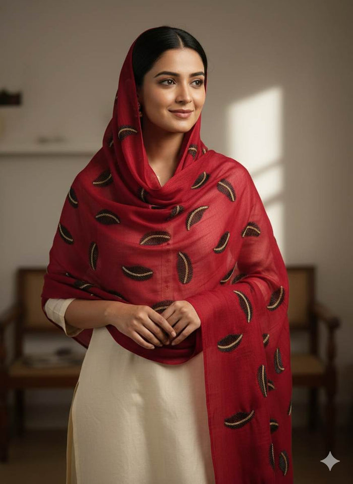 Red chanderi Fabric with Black Leaf & Golden Sequence Motif Embroidery