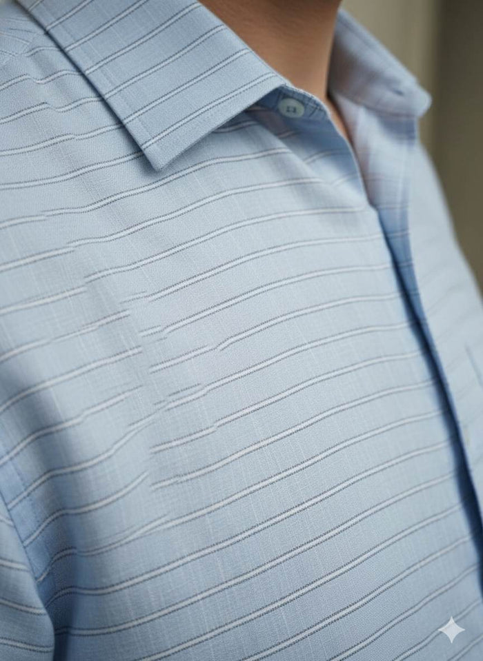 Sky Blue Premium Cotton Linen Fabric with Grey white grey thin Lines