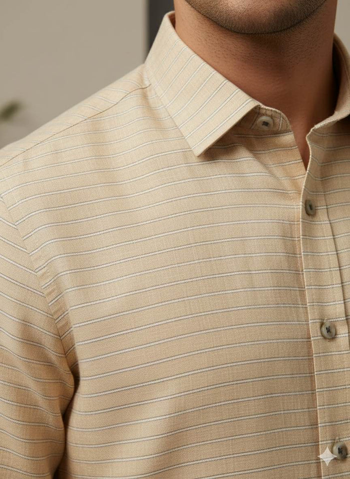 Peachish Orange Premium Cotton Linen Fabric with Grey White Grey Thin Lines