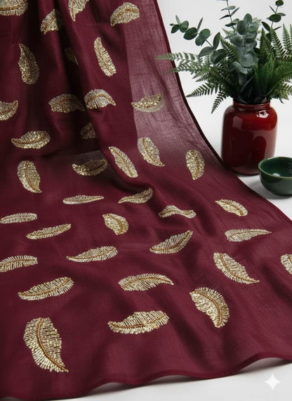 Mahroon chanderi Fabric with Beige Leaf & Golden Sequence Motif Embroidery