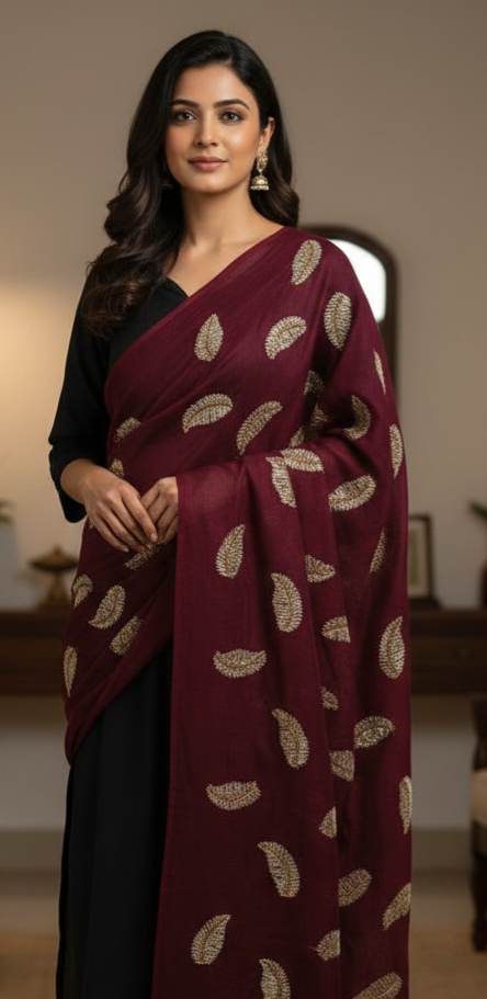 Mahroon chanderi Fabric with Beige Leaf & Golden Sequence Motif Embroidery