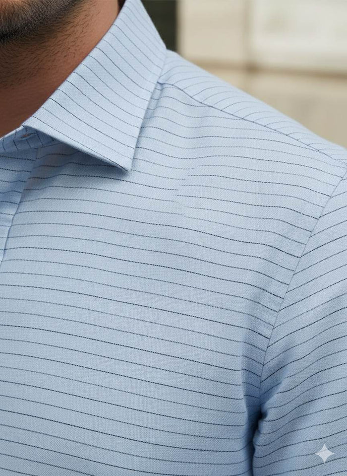 Sky Blue Cotton Linen fabric With Black Horizontal Lines