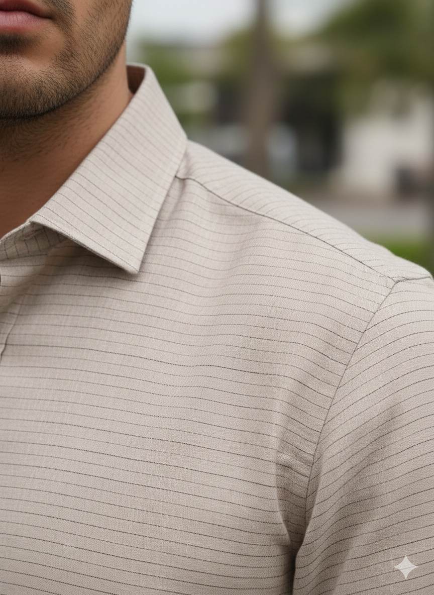 Dusty Peach Cotton Linen Fabric with Wine colored Horizontal Lines