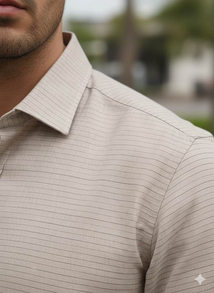Dusty Peach Cotton Linen Fabric with Wine colored Horizontal Lines