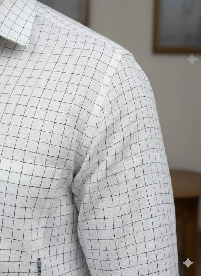 Off white Cotton Linen  Fabric with Black checks