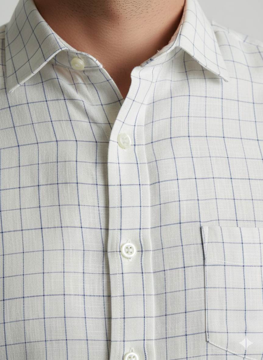 Off white Cotton Linen Fabric with Blue checks