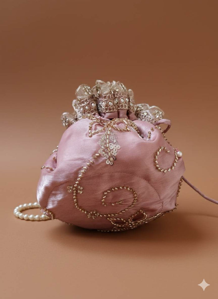 Potli Bag with Handwork on Fabric & Pearl String