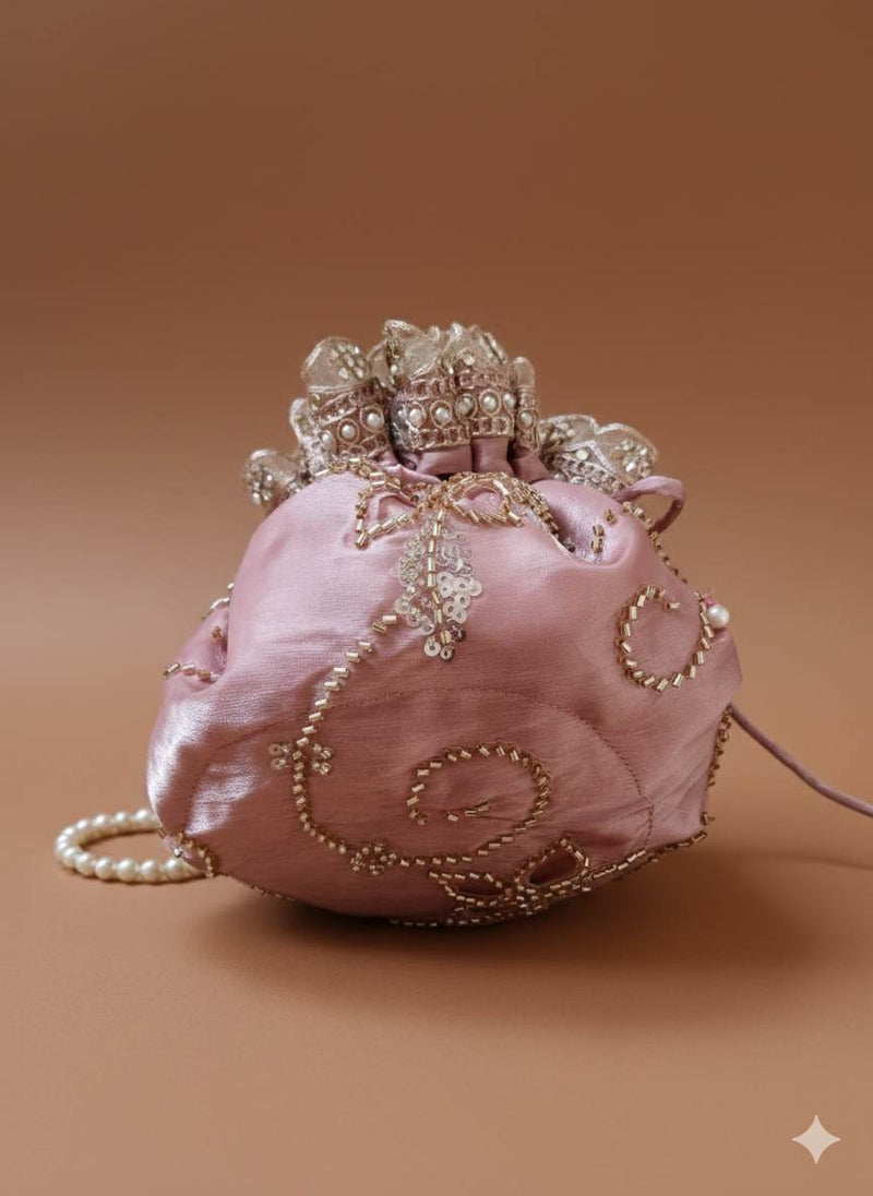 Potli Bag with Handwork on Fabric & Pearl String
