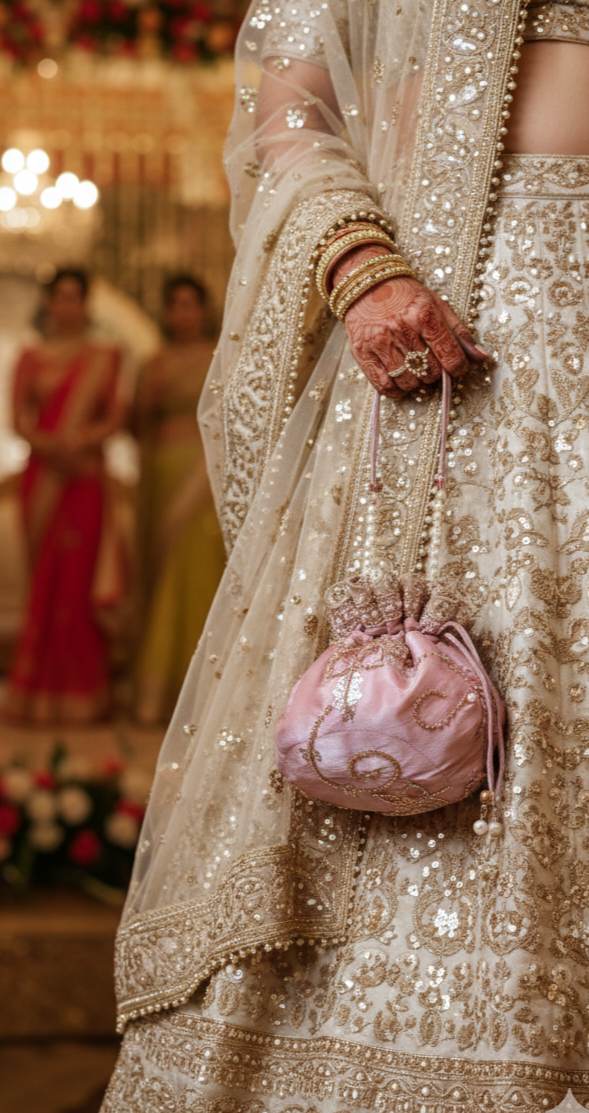 Potli Bag with Handwork on Fabric & Pearl String