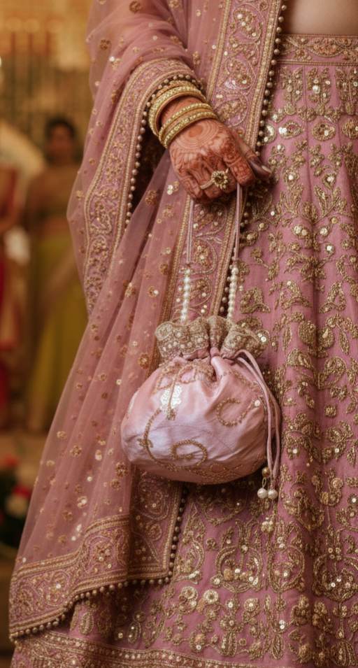 Potli Bag with Handwork on Fabric & Pearl String