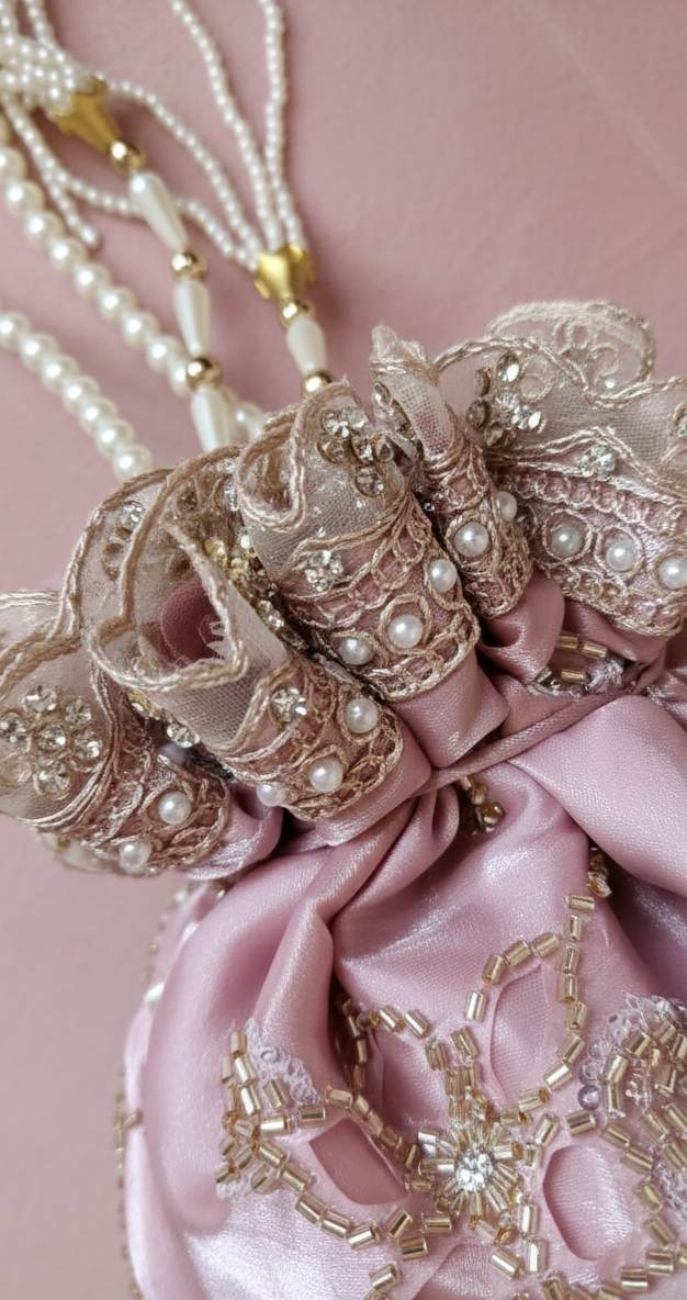 Potli Bag with Handwork on Fabric & Pearl String