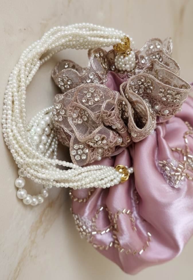 Potli Bag with Handwork on Fabric & Pearl String