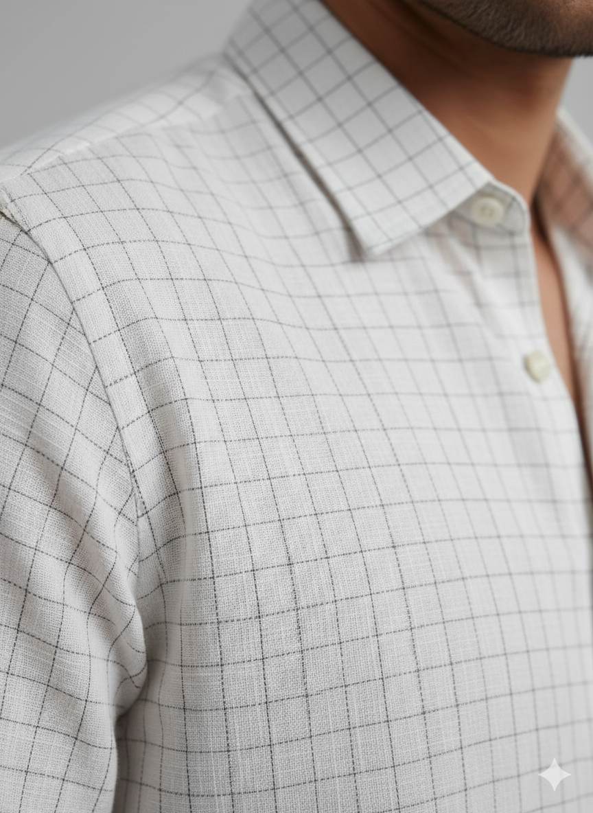 Off white with Grey checks shirting Fabric blend with cotton & polyster