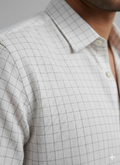 Off white with Grey checks shirting Fabric blend with cotton & polyster