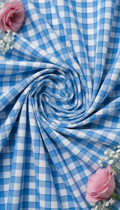 White shirting with Blue checks Fabric blend with cotton & polyster