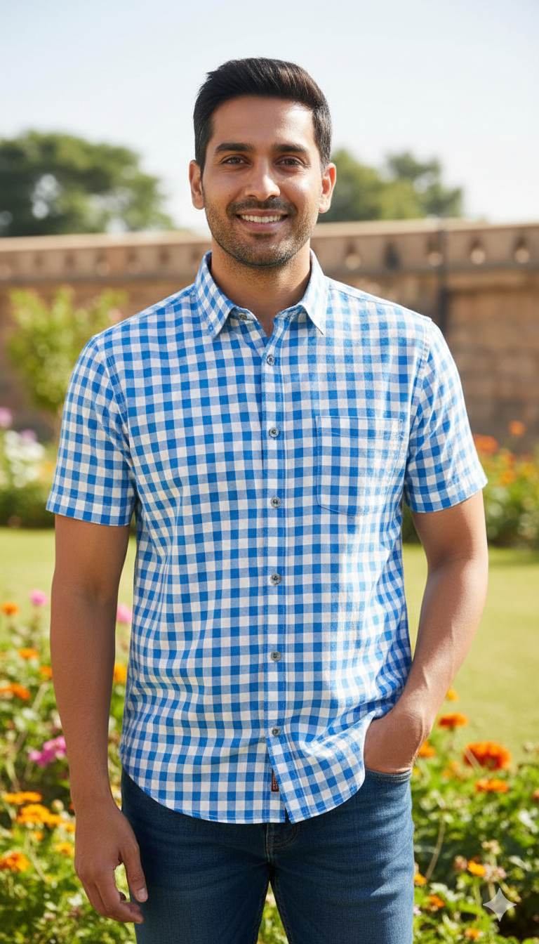 White shirting with Blue checks Fabric blend with cotton & polyster