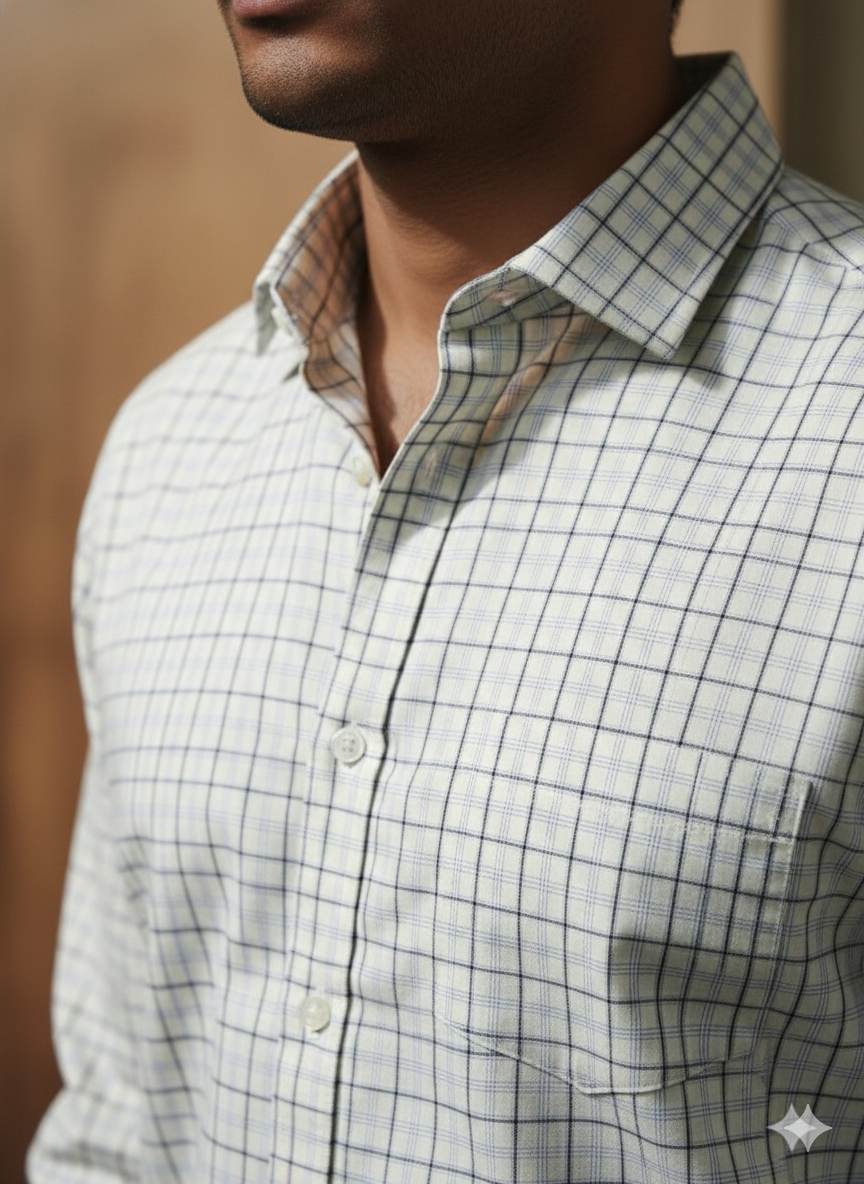 Off white with Blue checks shirting Fabric blend with cotton & polyster