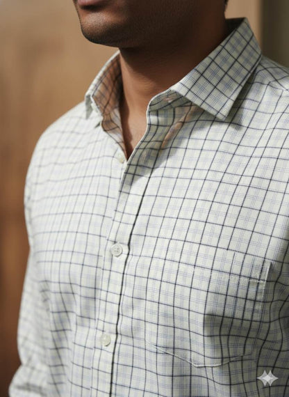 Off white with Blue checks shirting Fabric blend with cotton & polyster