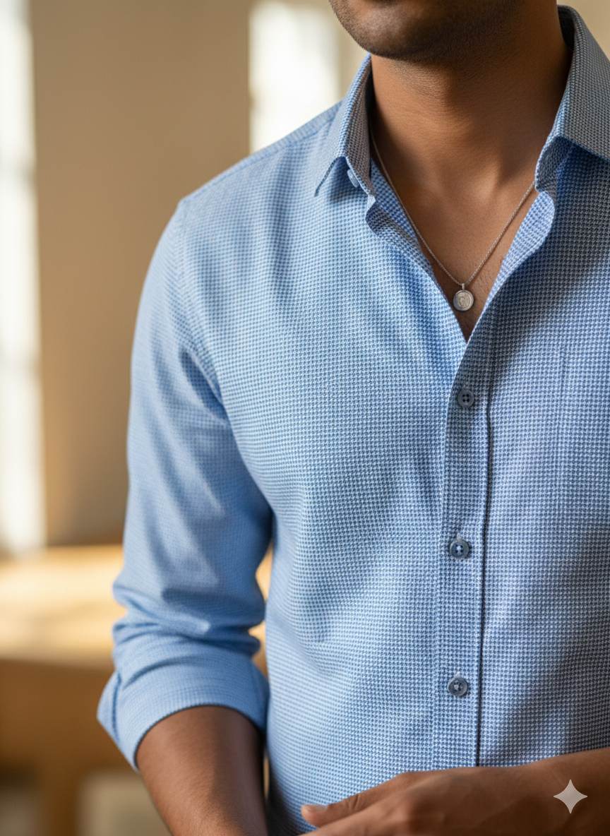 Blue self dots Shirting fabric Blend with cotton & polyster