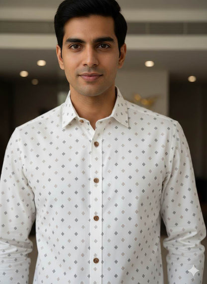 Off white with Brown & khakee motif shirting Fabric blended with cotton