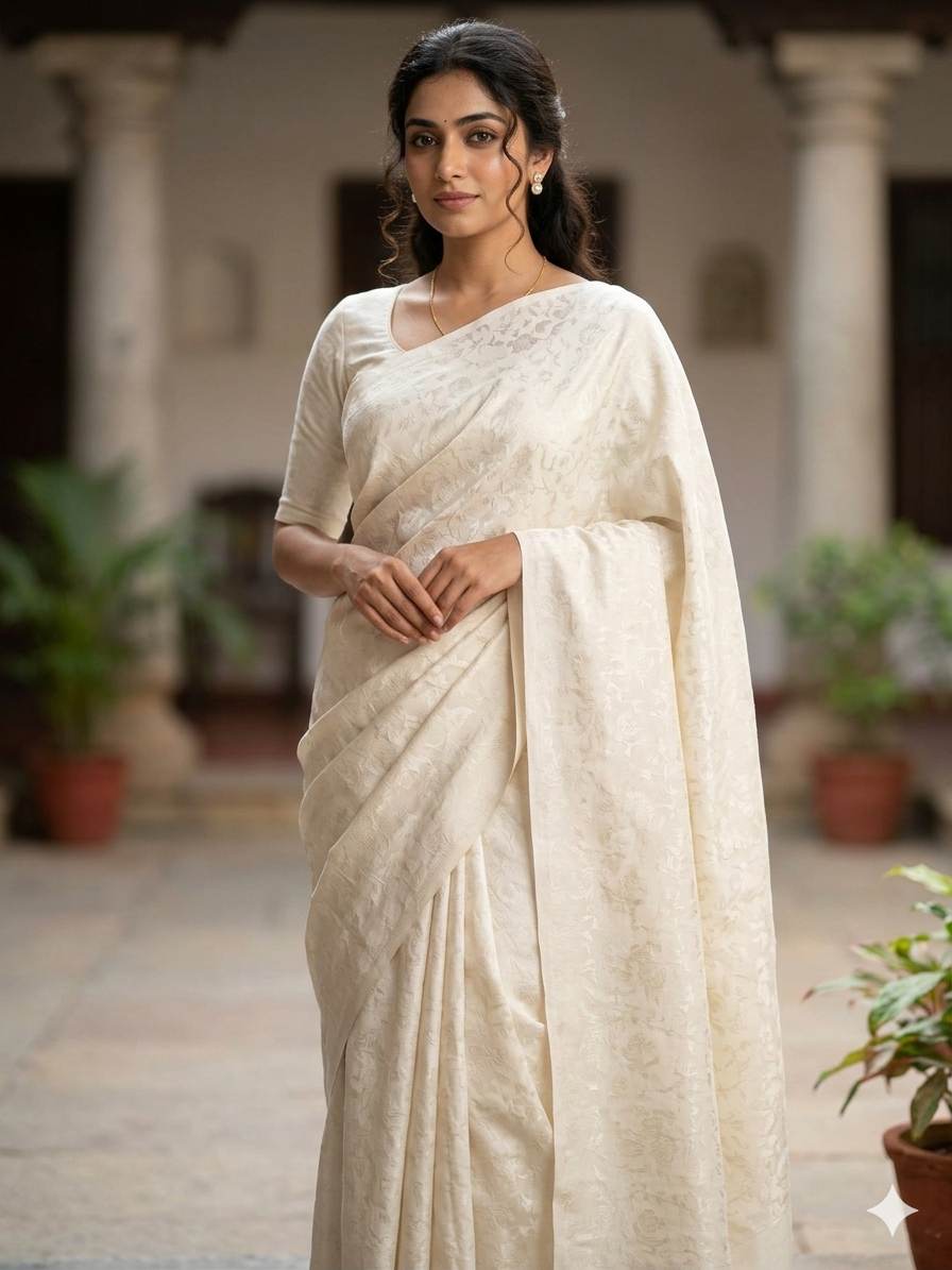 Off White jacquard style Viscose Silk Fabric