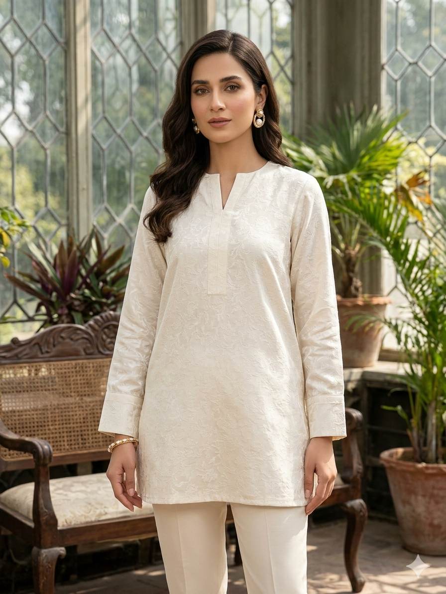 Off White jacquard style Viscose Silk Fabric