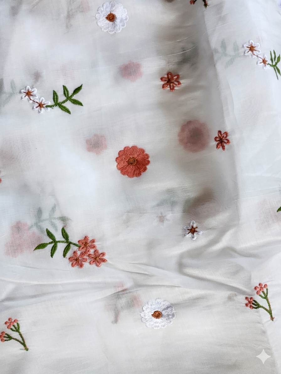White Floral Embroiderd Mul Chanderi Fabric