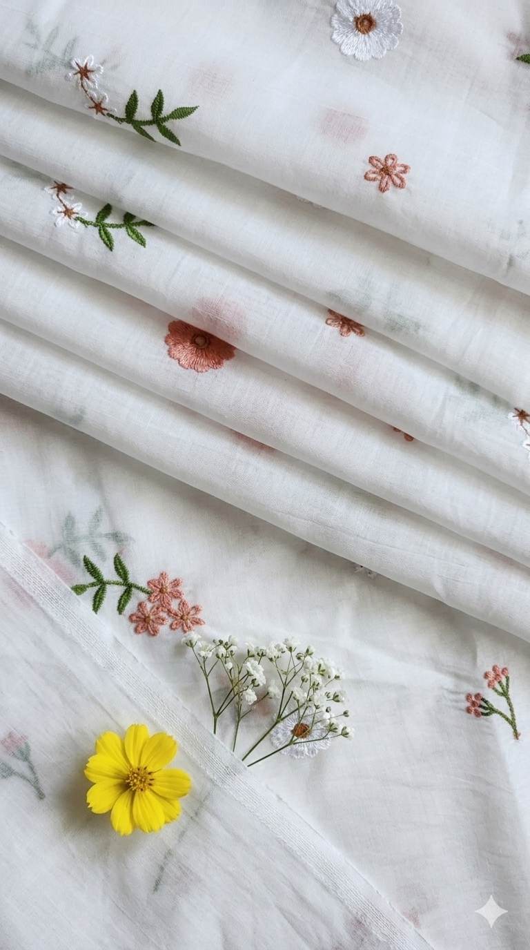 White Floral Embroiderd Mul Chanderi Fabric