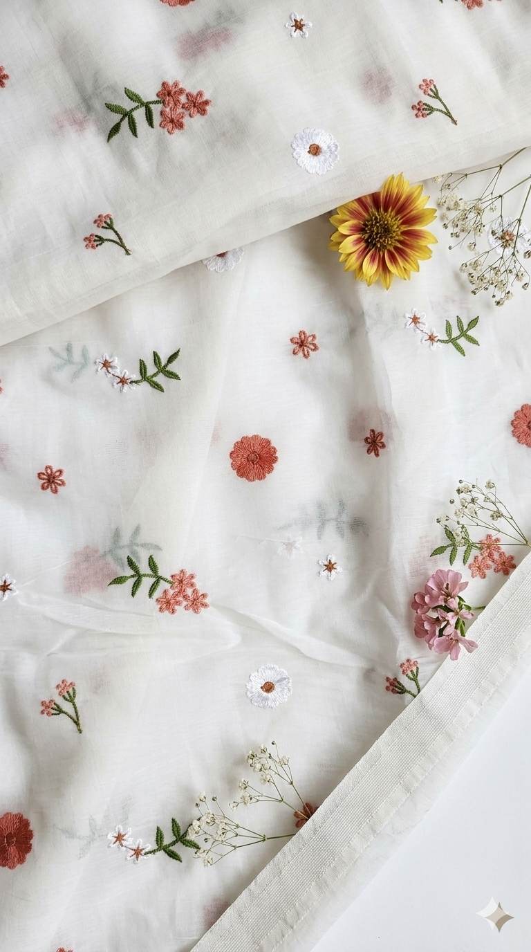 White Floral Embroiderd Mul Chanderi Fabric