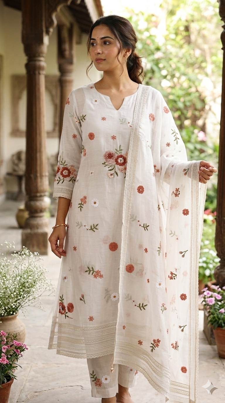 White Floral Embroiderd Mul Chanderi Fabric