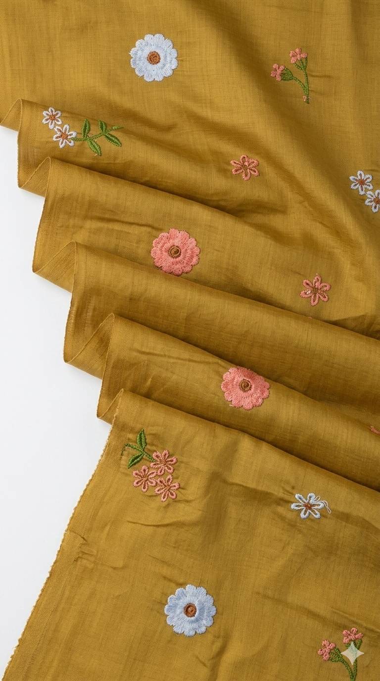 Mustard Gold Floral Embroiderd Mul Chanderi Fabric