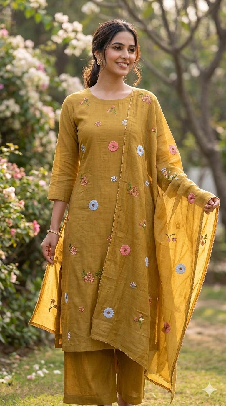 Mustard Gold Floral Embroiderd Mul Chanderi Fabric