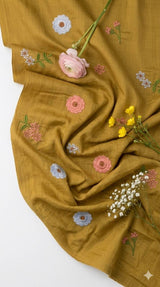 Mustard Gold Floral Embroiderd Mul Chanderi Fabric