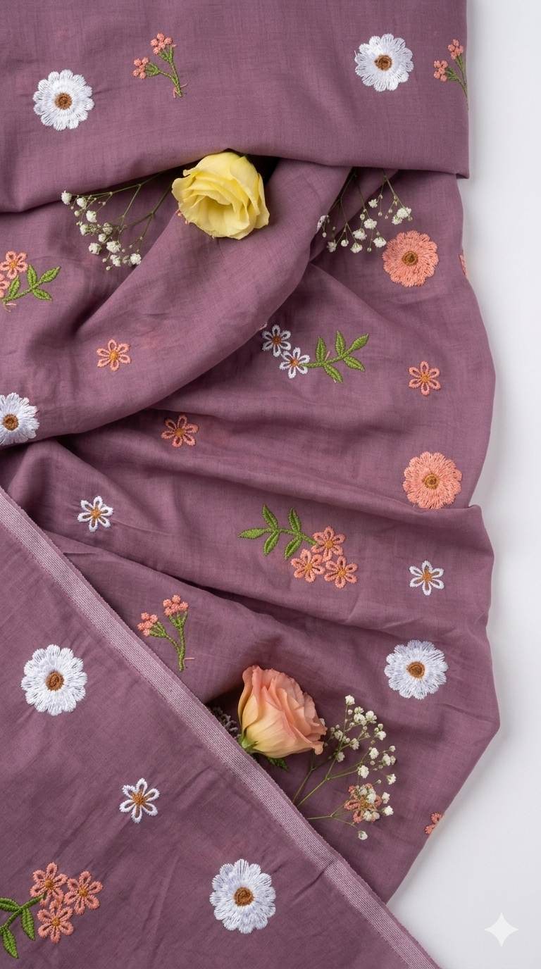 DUSTY PURPLE Floral Embroiderd Mul Chanderi Fabric
