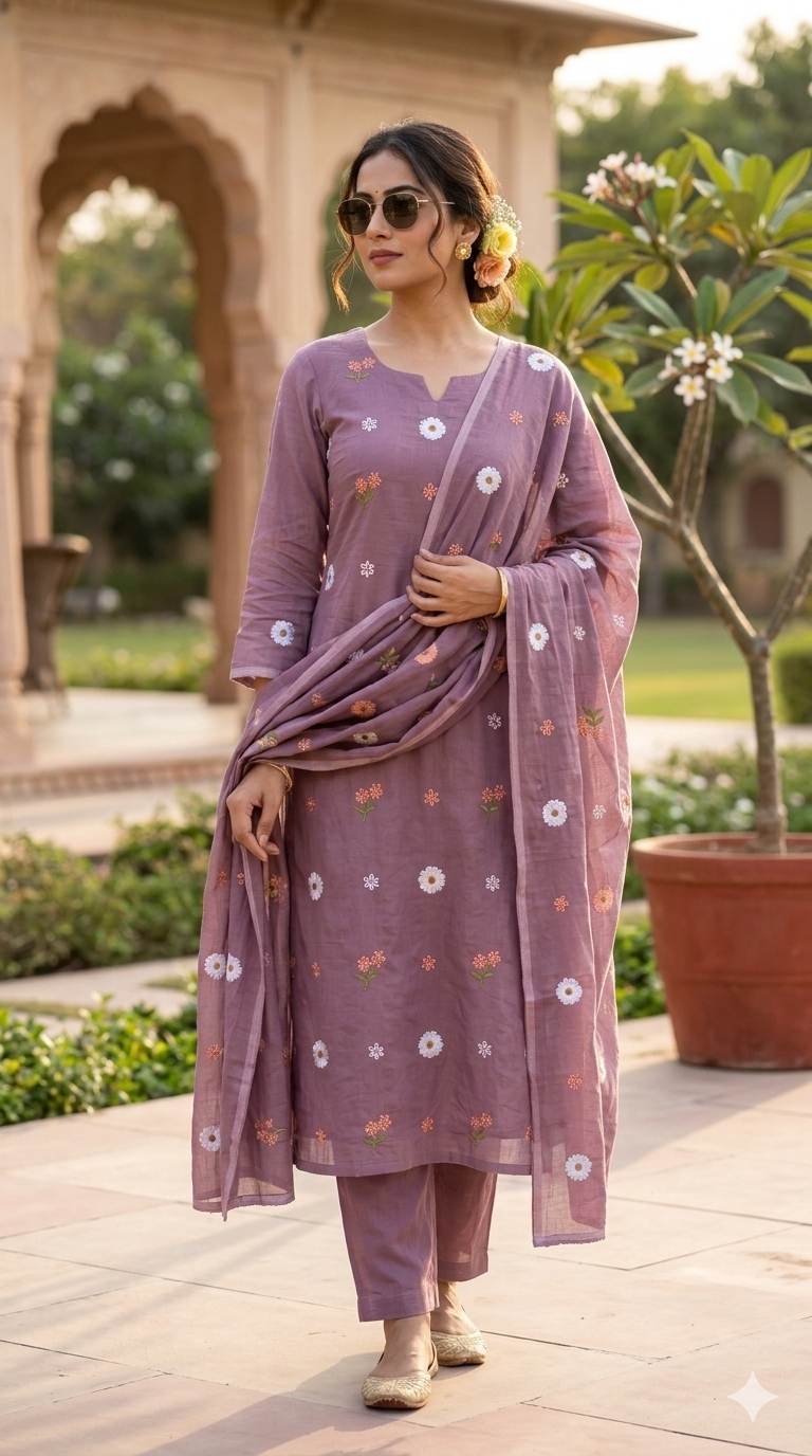 DUSTY PURPLE Floral Embroiderd Mul Chanderi Fabric